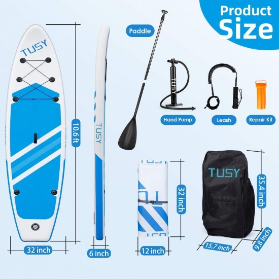 TUSY 11FT Inflatable Stand Up Paddle Board with SUP Accessories Travel Backpack, Non-Slip Deck Adjustable Paddles, Leash and Fin for Paddling