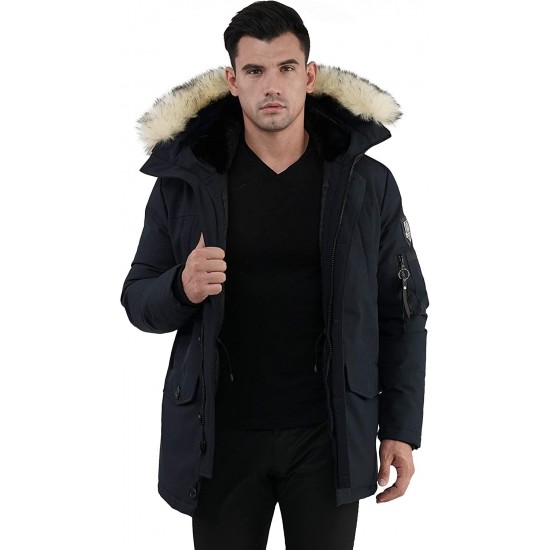 Molemsx Men's Warm Winter Down Jacket Parka Puffer Coat with Hood Faux-Fur Trim XS-3XL