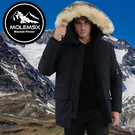 Molemsx Men's Warm Winter Down Jacket Parka Puffer Coat with Hood Faux-Fur Trim XS-3XL