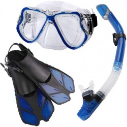 HRXS Snorkeling Suits, Goggles and Flippers Adult Snorkeling mask, All Dry Breathing Tube Diving Equipment Snorkeling Three-Piece,Blue,L/XL