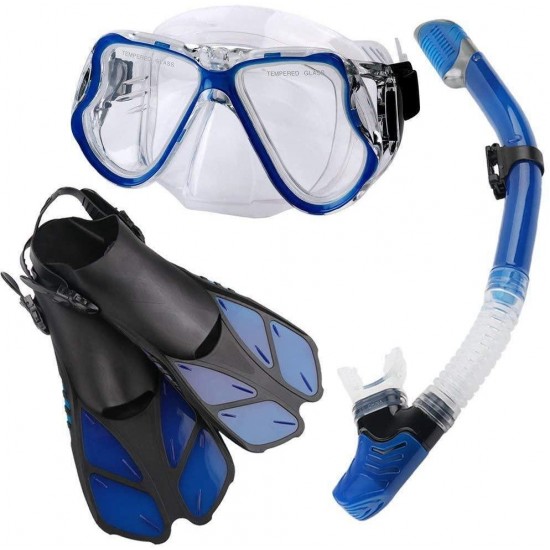 HRXS Snorkeling Suits, Goggles and Flippers Adult Snorkeling mask, All Dry Breathing Tube Diving Equipment Snorkeling Three-Piece,Blue,L/XL