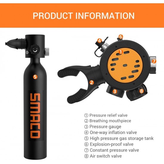 SMACO Mini Scuba Tank Diving Gear for Diver Scuba Diving Tank Oxygen Cylinder with 10-15 Minutes Capability Diving Oxygen Underwater Breathing Device 0.7L Diving & Snorkeling Equipment