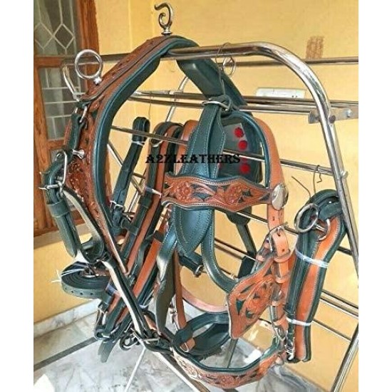 Horse Cart Designer Leather Carved Driving Harness for Single Horse (Available Sizes- Pony, Cob and Full)