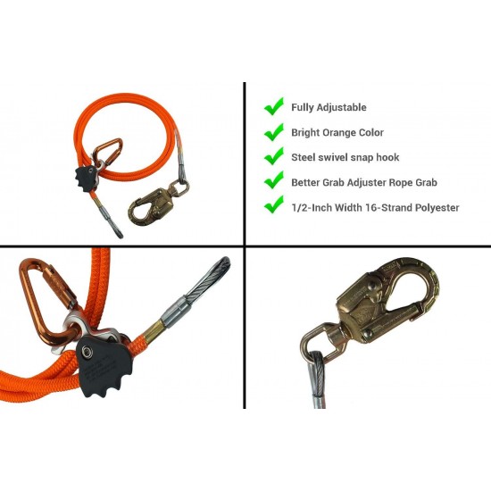 ProClimb Better Grab Steel Core Flipline Kit (1/2 inch x 8 feet) - Adjustable Tree Lanyard, Low Stretch, Cut Resistant – for Fall Protection, Arborist, Tree Climbers