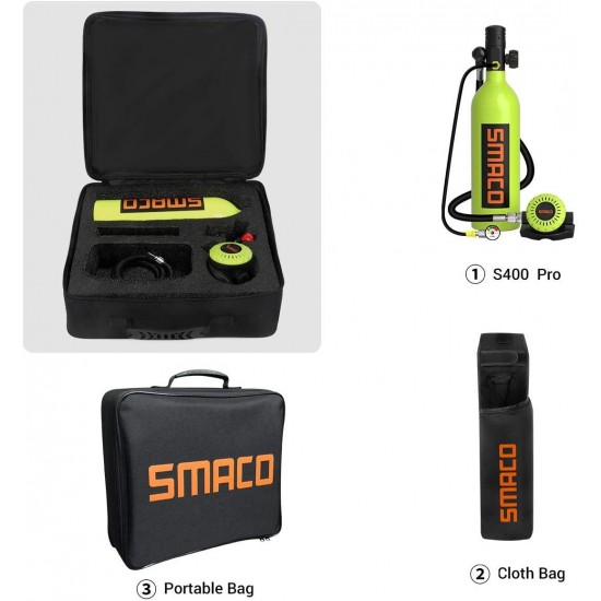 SMACO Scuba Tank Diving Gear for Diver Mini Scuba Tank Oxygen Cylinder with 15-20 Minutes Capability Diving Oxygen Underwater Breathing Device 1L Diving & Snorkeling Equipment S400 Pro