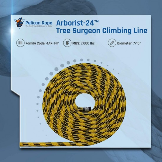 Pelican Rope Arborist-24 7/16 inch (11mm) Climbing Rope - up to 7,000 lb Breaking Strength - 24-Strand Lightweight Tree Rope for Climbing - Tree Pulling Rope