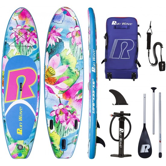 Run Wave Inflatable Stand Up Paddle Board 10.6'×33''×6''(6''Thick) Non-Slip Wide Stance Deck with SUP Accessories & Adjustable Paddle, Double-Action Pump, Leash, Bottom Fins | Youth Adults Beginner