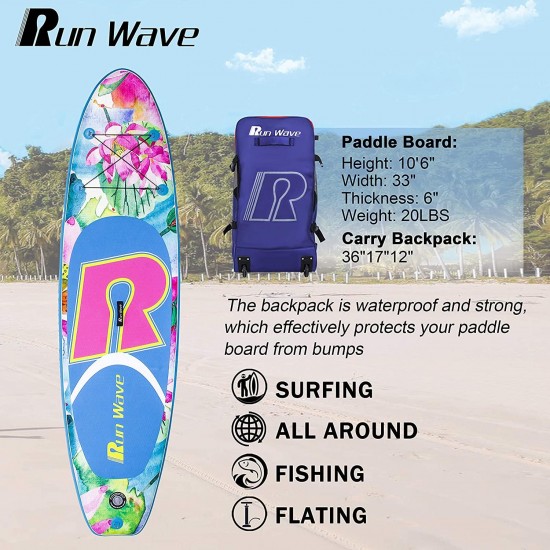 Run Wave Inflatable Stand Up Paddle Board 10.6'×33''×6''(6''Thick) Non-Slip Wide Stance Deck with SUP Accessories & Adjustable Paddle, Double-Action Pump, Leash, Bottom Fins | Youth Adults Beginner