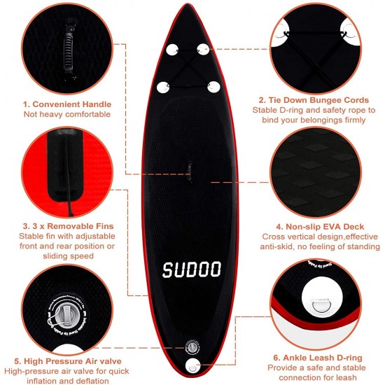 SUDOO 10ft Inflatable Stand Up Paddle Board 6”Thick Non-Slip EVA Deck Surfing Board with Hand Pump,Lightweight Paddle,Backpack,Leash,Fin,Repair Kit|Beginner Adult Yoga Fishing River Lake Sea