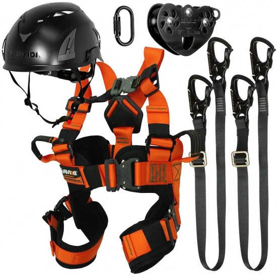 Fusion Climb Tactical Edition Kids Commercial Zip Line Kit Harness/Dual Lanyard/Carabiner/Trolley/Helmet Bundle FTK-K-HLLCTH-11