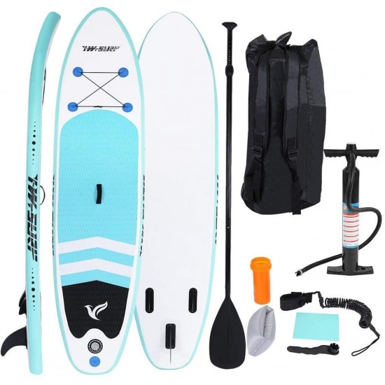 Inflatable Stand Up Paddle Board with Free SUP Accessories and Backpack - 10 FT Surfboard - Adjustable Fin Paddle - Youth & Adult Standing Boat | Extra Wide Double PVC Wall Max Capacity 240 LB