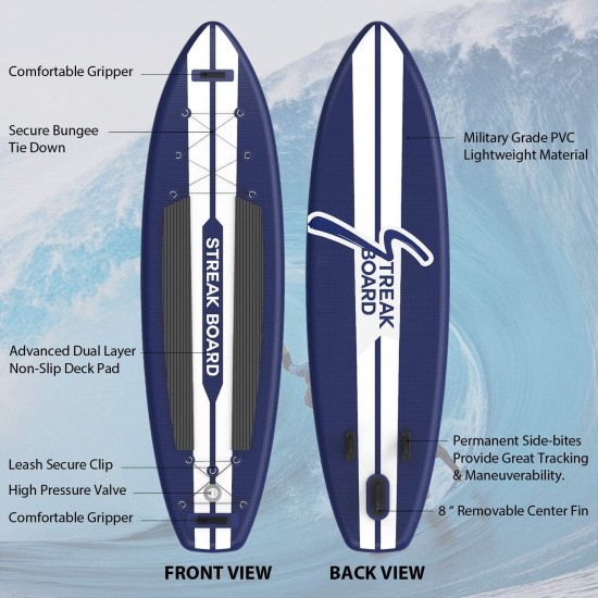 streakboard Inflatable Stand Up Paddle Board Surfing SUP Boards, No Slip Deck 6 Inches Thick ISUP Boards with Free SUP Accessories & Backpack, Leash, Paddle and Hand Pump, for All Levels