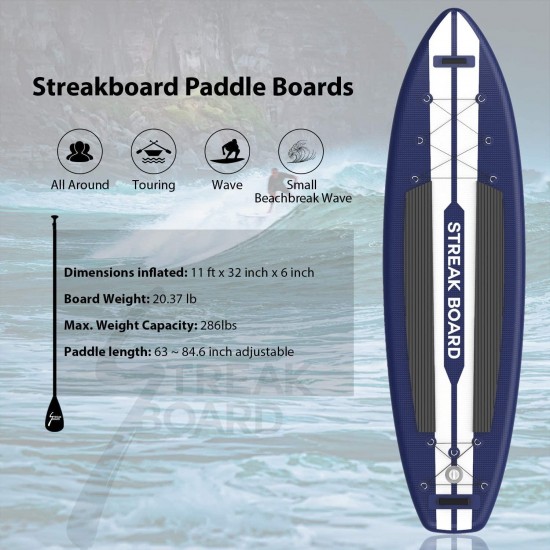 streakboard Inflatable Stand Up Paddle Board Surfing SUP Boards, No Slip Deck 6 Inches Thick ISUP Boards with Free SUP Accessories & Backpack, Leash, Paddle and Hand Pump, for All Levels