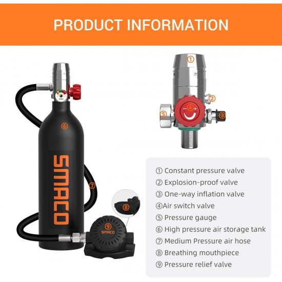 SMACO Scuba Tank Diving Gear for Diver Mini Scuba Tank Oxygen Cylinder with 15-20 Minutes Capability Diving Oxygen Underwater Breathing Device 1L Diving & Snorkeling Equipment S400