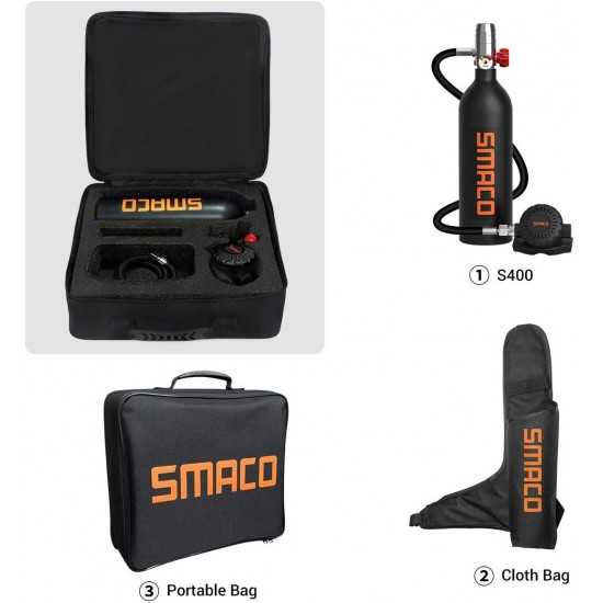 SMACO Scuba Tank Diving Gear for Diver Mini Scuba Tank Oxygen Cylinder with 15-20 Minutes Capability Diving Oxygen Underwater Breathing Device 1L Diving & Snorkeling Equipment S400