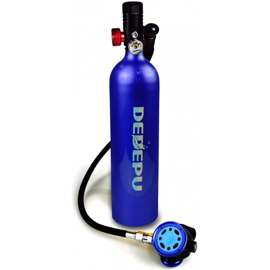 DEDEPU Scuba Diving Tank Equipment, Mini Scuba 1L Tank S5000 Oxygen Tank Set, Underwater Breathing Kit with 20-25 Minutes Capability, Aluminum Breather Valve, Color Blue