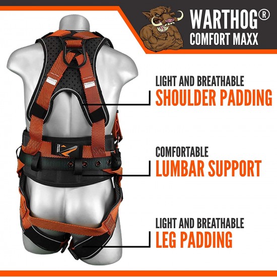 Malta Dynamics Warthog Comfort MAXX Construction Safety Harness with Removable Belt, Side D-Rings and Extra Padding – OSHA/ANSI/CSA Compliant, Full Body Harness for Fall Protection, Orange (SM-LG)