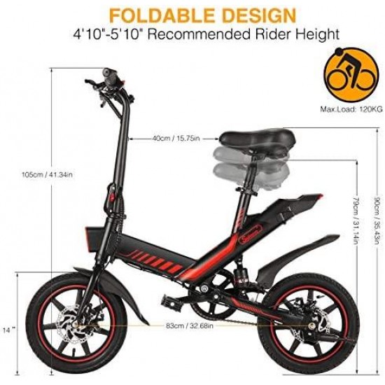 Electric Bicycle, Sailnovo 14'' Folding E-Bike for Adults and Teenagers 350W Motor Electric Bike with Removable 36V 10Ah Lithium-Ion Battery 3 Working Modes