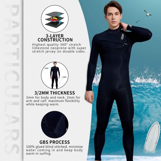 Men's Surfing Wetsuit Full Body GBS 3/2mm Neoprene Premium Thermal Chest Zip Liquid Taped Wetsuit