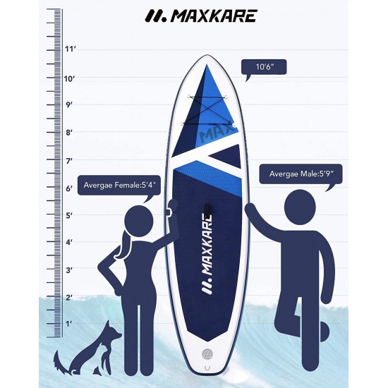 MaxKare SUP Stand Up Inflatable Paddle Board 10.6' x 32'' x 6'' Paddleboard w Triple-Action Pump, Backpack, Leash & Fin Portable for Yoga Pets Youth Adult in River, Oceans and Lakes