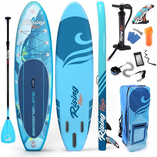 SereneLife Inflatable Stand Up Paddle Board (6 Inches Thick) with Premium SUP Accessories & Carry Bag | Wide Stance, Bottom Fin for Paddling, Surf Control, Non-Slip Deck | Youth & Adult Standing Boat