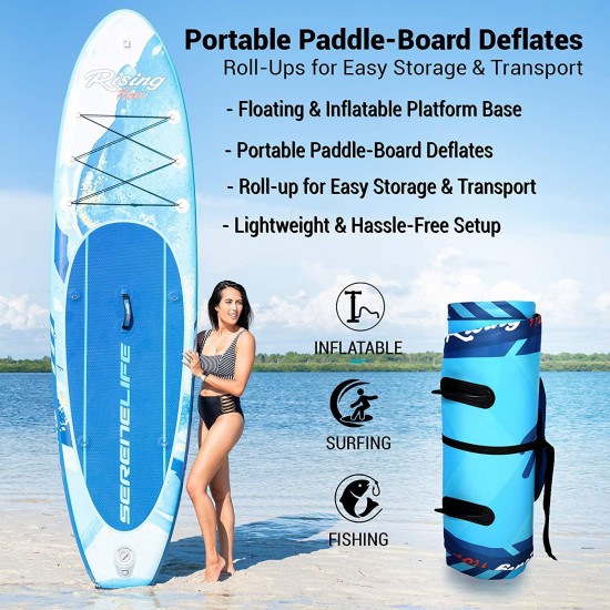 SereneLife Inflatable Stand Up Paddle Board (6 Inches Thick) with Premium SUP Accessories & Carry Bag | Wide Stance, Bottom Fin for Paddling, Surf Control, Non-Slip Deck | Youth & Adult Standing Boat