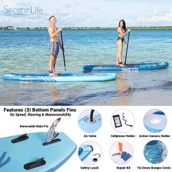 SereneLife Inflatable Stand Up Paddle Board (6 Inches Thick) with Premium SUP Accessories & Carry Bag | Wide Stance, Bottom Fin for Paddling, Surf Control, Non-Slip Deck | Youth & Adult Standing Boat