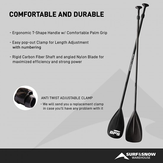 BPS Adjustable 2-Piece SUP/Stand Up Paddleboard Paddle - Carbon Fiber or Fiberglass - Comes with Carrying Bag - Available in Many Accent Colors