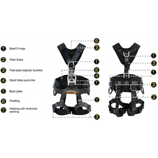 Fusion Climb Tac Rescue Tactical Full Body EVA Padded Heavy Duty Steel Adjustable Zipline Harness 23kN S Black