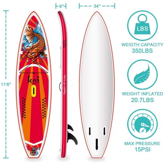 FEATH-R-LITE Inflatable Stand Up Paddle Board 11'6'' × 34'' × 6'' for Youth & Adult with Inflatable SUP Board, Non-Slip Deck, Travel Backpack, Adj Paddle, Pump, Leash, Water Proof Bag