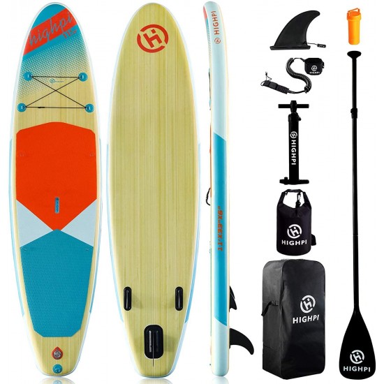 Highpi Inflatable Stand Up Paddle Board 11'x33''x6''W Premium SUP Accessories & Backpack, Wide Stance, Surf Control, Non-Slip Deck, Leash, Paddle and Pump, Standing Boat for Youth & Adult