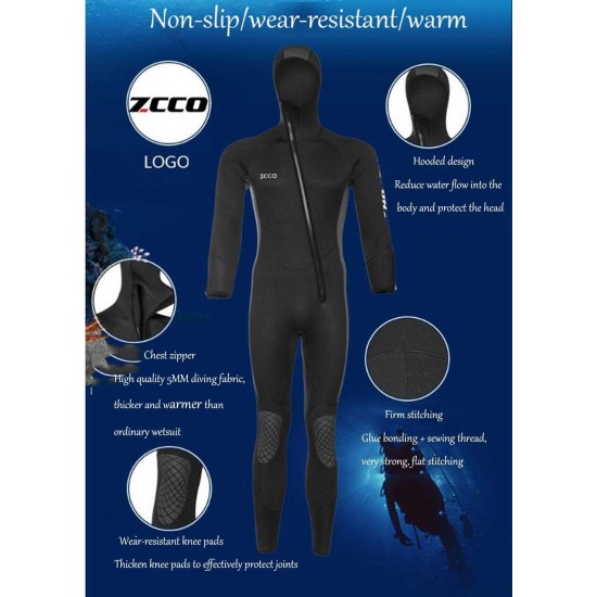 Xinsy Men's and Women's 5MM Neoprene Hooded Wetsuit, Full Body Warm Padded Knee Pads Front Zipper Diving Suit for Snorkeling Scuba Diving Swimming Surfing