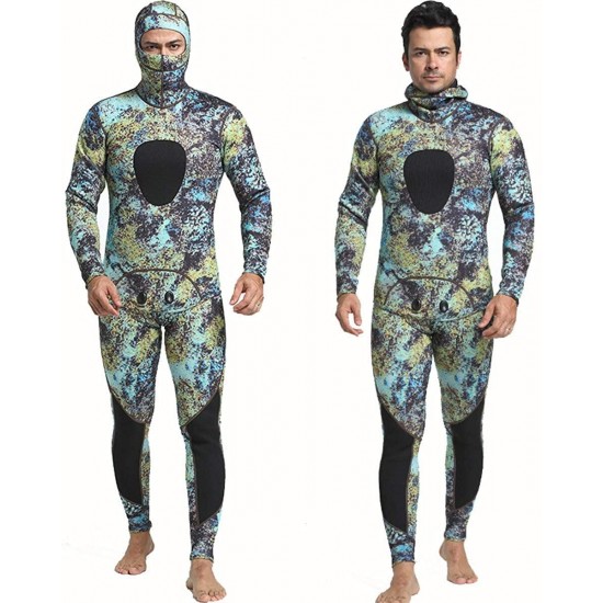 Nataly Osmann Men 5mm Neoprene 2-Pieces Camouflage Spearfishing Premium Wetsuit Long Sleeve Scuba Diving Suit Full Body Keep Warm Hooded Snorkeling Suits