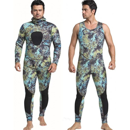 Nataly Osmann Men 5mm Neoprene 2-Pieces Camouflage Spearfishing Premium Wetsuit Long Sleeve Scuba Diving Suit Full Body Keep Warm Hooded Snorkeling Suits