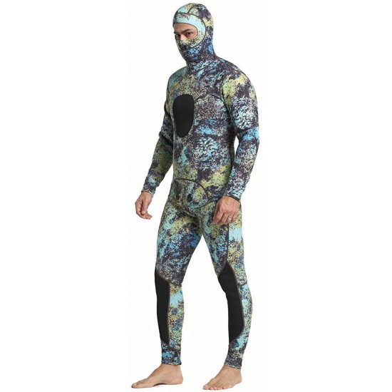 Nataly Osmann Men 5mm Neoprene 2-Pieces Camouflage Spearfishing Premium Wetsuit Long Sleeve Scuba Diving Suit Full Body Keep Warm Hooded Snorkeling Suits