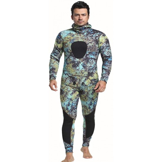 Nataly Osmann Men 5mm Neoprene 2-Pieces Camouflage Spearfishing Premium Wetsuit Long Sleeve Scuba Diving Suit Full Body Keep Warm Hooded Snorkeling Suits