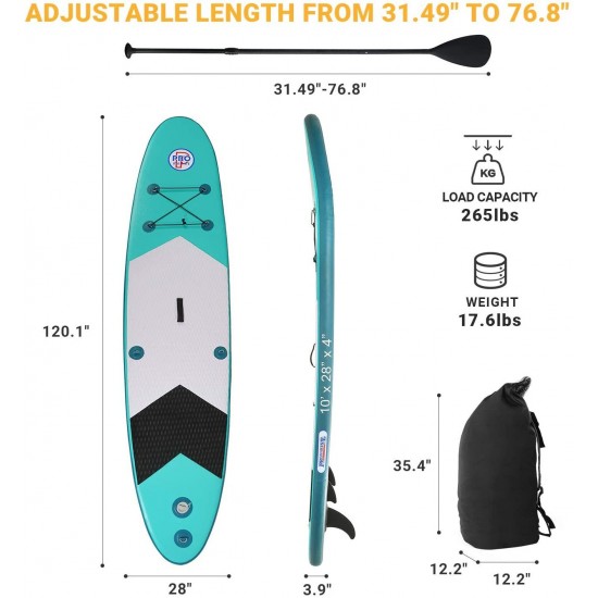 Promarine Inflatable Stand Up Paddle Board Premium SUP Accessories & Backpack, Non-Slip Paddle Board, Leash, Paddle, Waterproof Backpack,Kayak Seat, Hand Pump, and Repair kit 120 Long 28 Wide 4 Thick