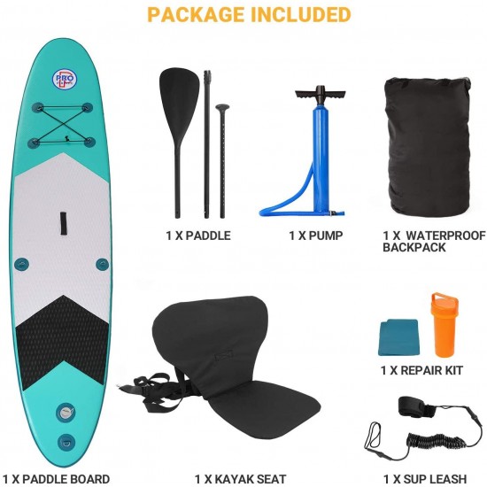 Promarine Inflatable Stand Up Paddle Board Premium SUP Accessories & Backpack, Non-Slip Paddle Board, Leash, Paddle, Waterproof Backpack,Kayak Seat, Hand Pump, and Repair kit 120 Long 28 Wide 4 Thick