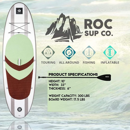 Roc Inflatable Stand Up Paddle Board W Free Premium SUP Accessories & Backpack, Non-Slip Deck. Bonus Waterproof Bag, Leash, Paddle and Hand Pump