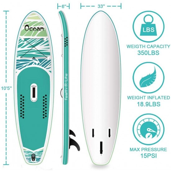 FEATH-R-LITE Inflatable 10'5''x33''x6''Stand Up Paddle Board Ultra-Light (18.9lbs) SUP with Accessories Adj Paddle, ISUP Backpack, Pump, Phone Bag, Leash, Non-Slip Deck pad Youth & Adult